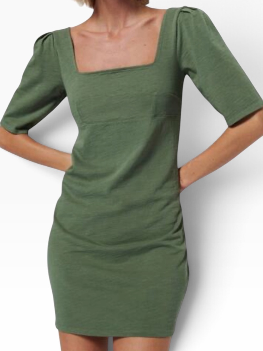 Nation LTD Olive Green Cotton Knit Square Neck Puff Sleeve Mini Dress L